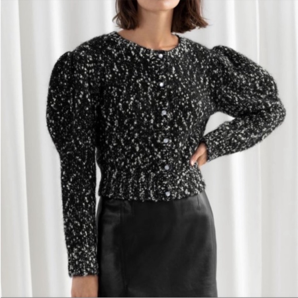 & Other Stories Monochrome Textured Knit Cardigan with puffy sleeves Bottom down